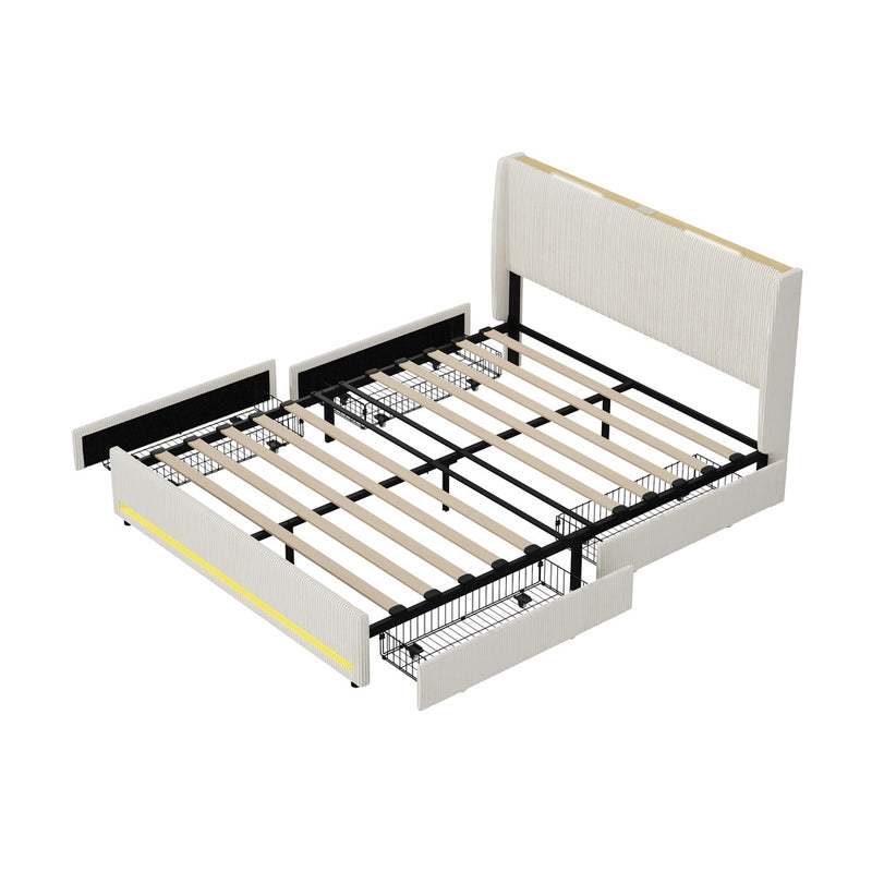 Oikiture LED Bed Frame Queen Size with Charging Station & 4 Drawers