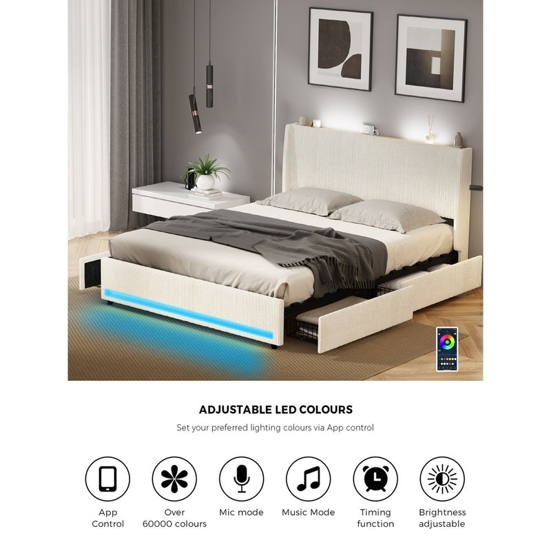 Oikiture LED Bed Frame Queen Size with Charging Station & 4 Drawers