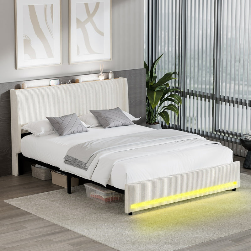 Oikiture Bed Frame Queen LED Storge Headboard With USB Charging