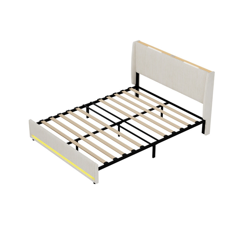 Oikiture Bed Frame Queen LED Storge Headboard With USB Charging