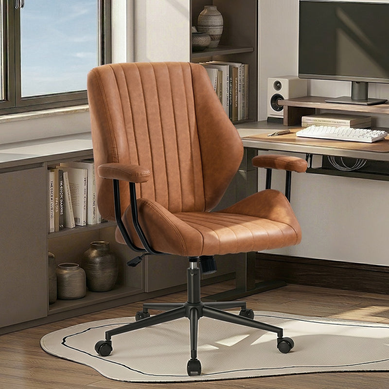 Oikiture Office Chair Mid Back Swivel Desk Chair Padded Arms Brown