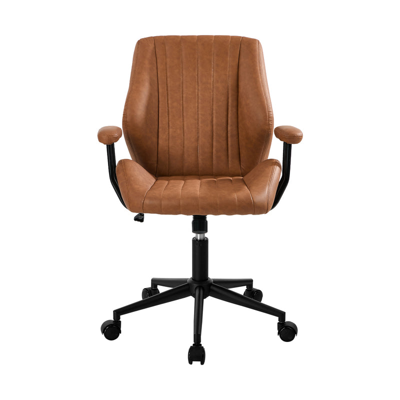 Oikiture Office Chair Mid Back Swivel Desk Chair Padded Arms Brown