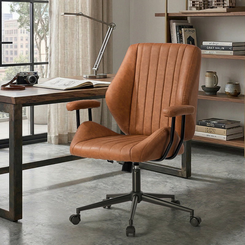 Oikiture Office Chair Mid Back Swivel Desk Chair Padded Arms Brown