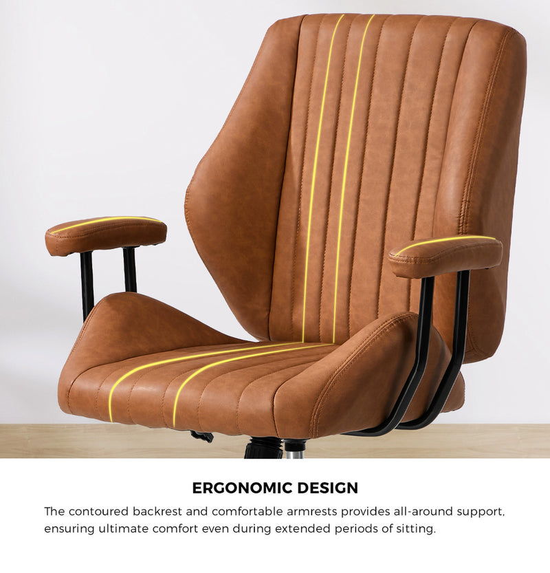 Oikiture Office Chair Mid Back Swivel Desk Chair Padded Arms Brown