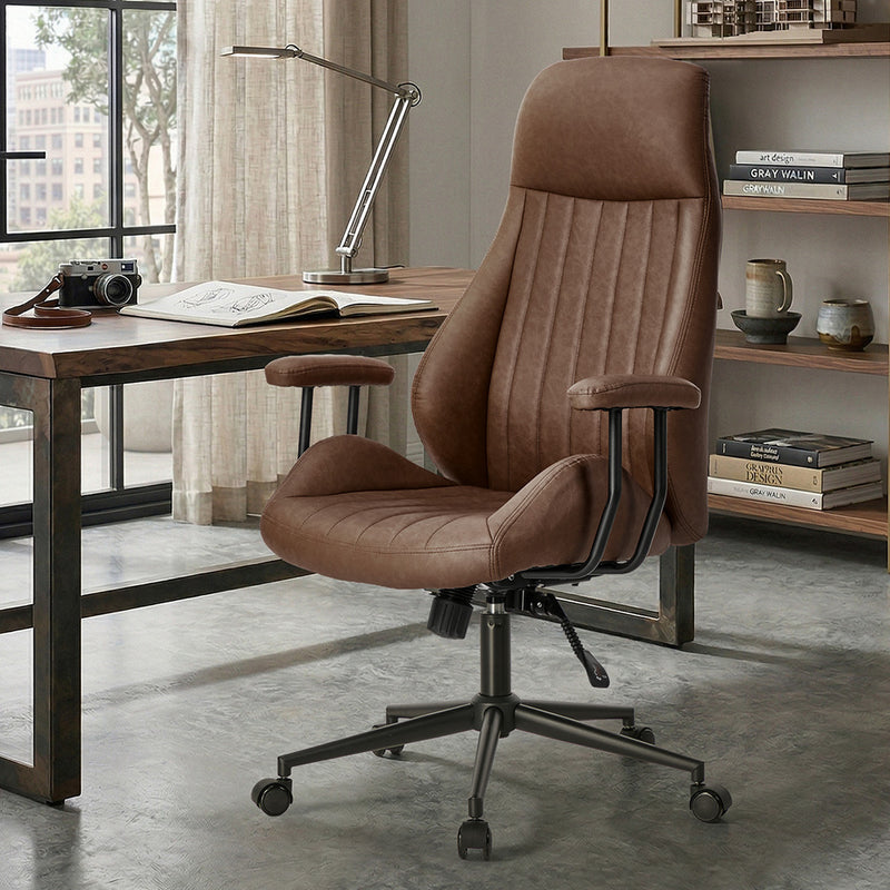 Oikiture Office Chair High Back Swivel Rolling Chairs Dark Brown