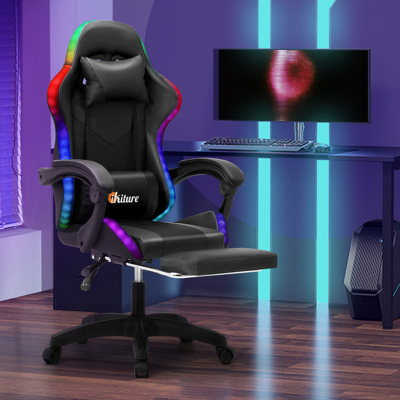 Oikiture Racing Gaming Chair 7 RGB LED 8 Points Massage Black