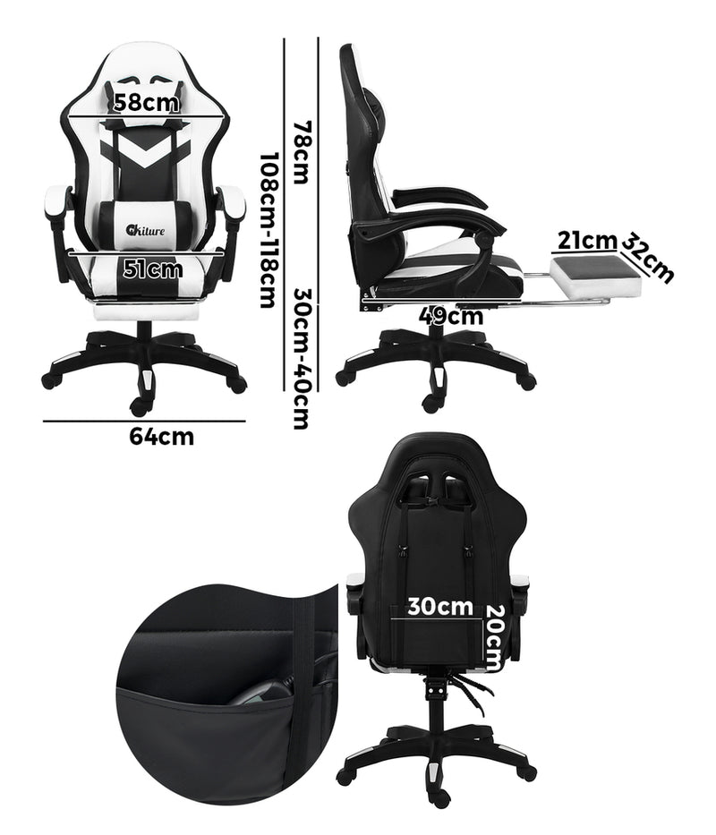 Oikiture Racing Gaming Chair 7 RGB LED 8 Points Massage Black&White