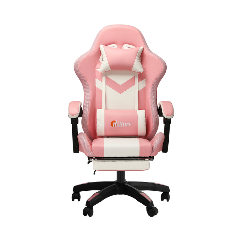Oikiture Racing Gaming Chair 7 RGB LED 8 Points Massage Pink&White