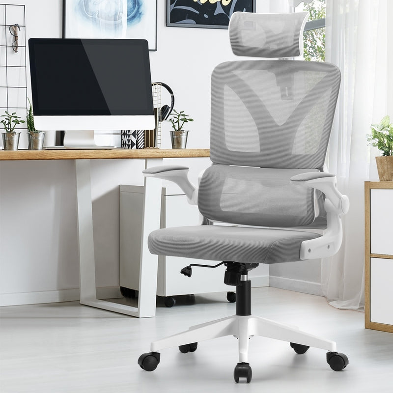 Oikiture Mesh Office Chair D-Shape Back Support White