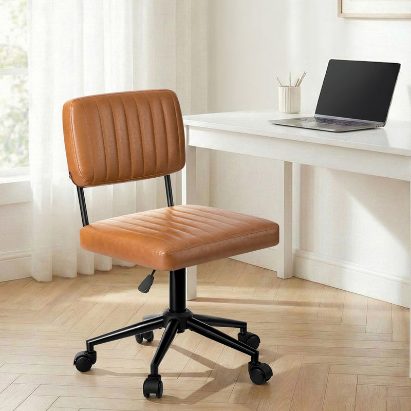 Oikiture Mid Back Office Chair Swivel Computer Seat Leather Brown
