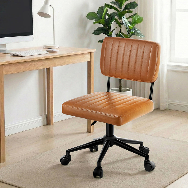 Oikiture Mid Back Office Chair Swivel Computer Seat Leather Brown