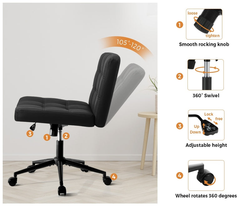 Oikiture Mid Back Office Chair Wide Seat PU Leather Black w/Wheels