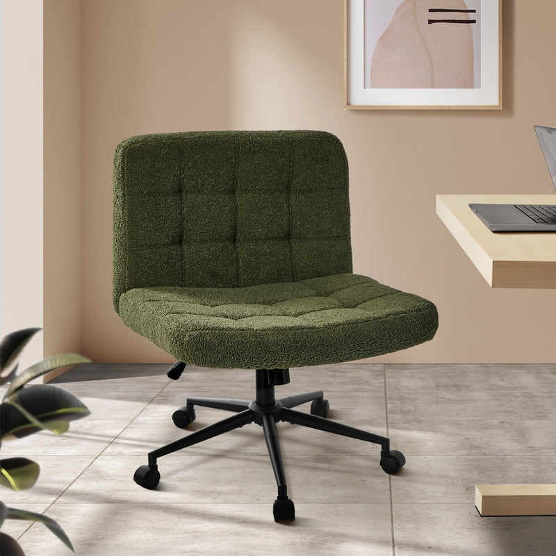 Oikiture Mid Back Armless Office Chair Wide Boucle Green with Wheels