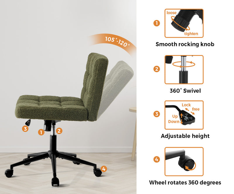 Oikiture Mid Back Armless Office Chair Wide Boucle Green with Wheels
