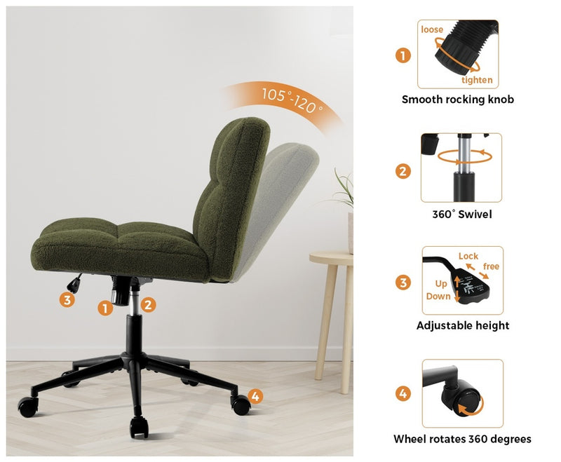 Oikiture Armless Office Chair Wide Seat with Wheels Boucle Green