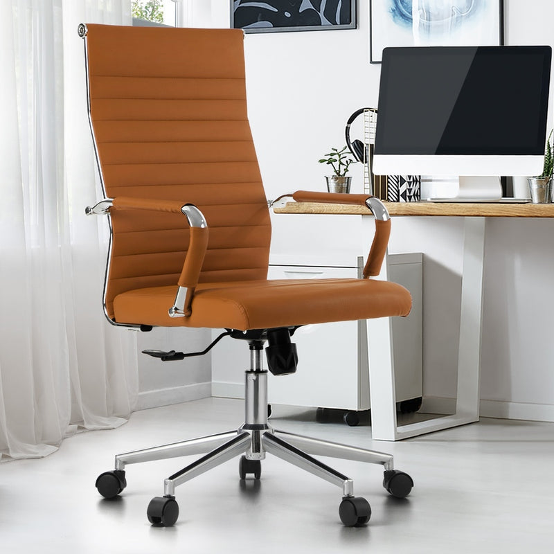 Oikiture Office Chair Swivel Desk Chair High Back Leather Brown