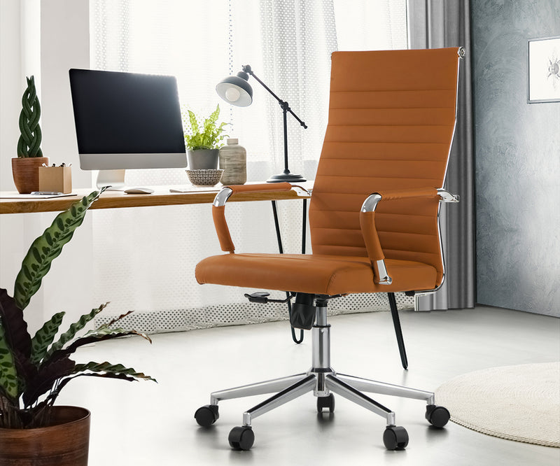 Oikiture Office Chair Swivel Desk Chair High Back Leather Brown