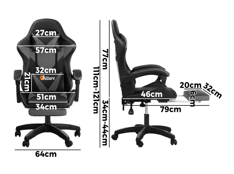 Oikiture Gaming Chair with Footrest and Massage Pillow Black&Grey