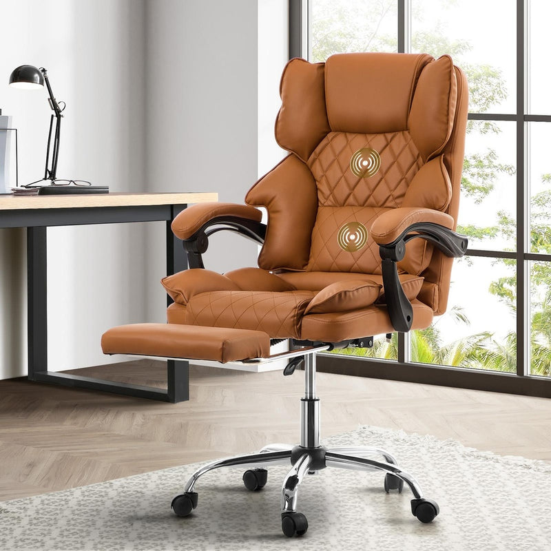 Oikiture Gaming Office Chair Massage PU Leather Adjustable Brown