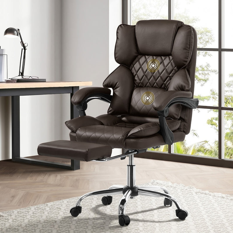 Oikiture Massage Office Gaming Chair PU Leather Adjustable Dark Brown