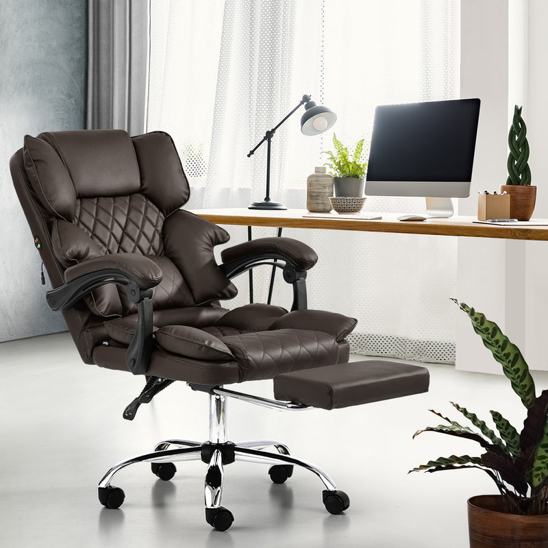 Oikiture Massage Office Gaming Chair PU Leather Adjustable Dark Brown