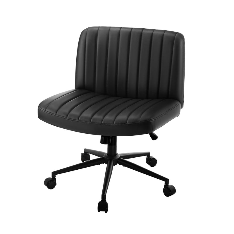 Oikiture Mid Back Office Chair Wide Seat with Wheels Leather Black