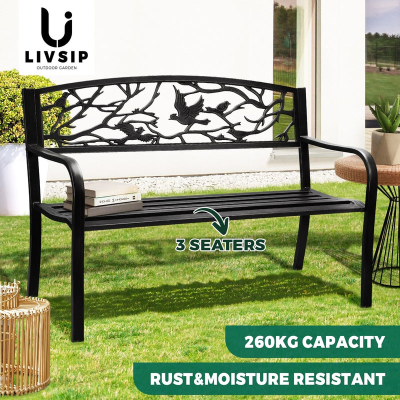 Livsip Garden Bench 3 Seater Bird Pattern Black