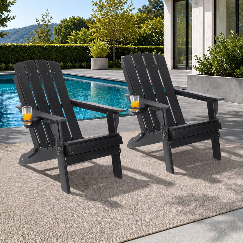 Livsip 2PCS HDPE Folding Adirondack Outdoor Lounge Chairs Black