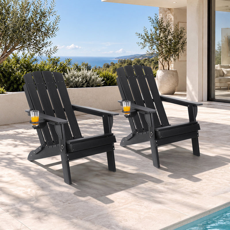 Livsip 2PCS HDPE Folding Adirondack Outdoor Lounge Chairs Black