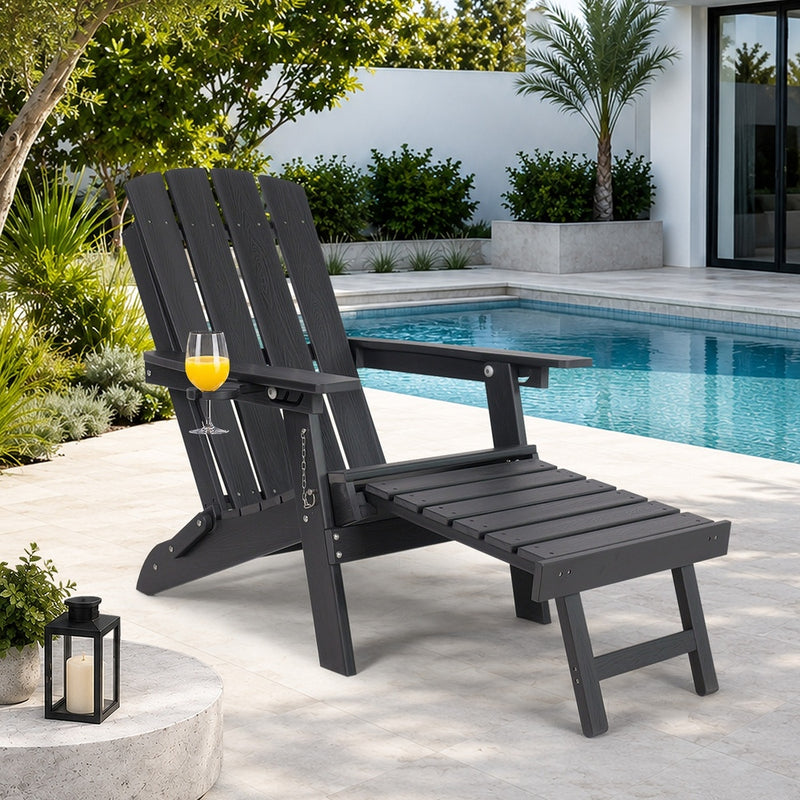 Livsip Outdoor Sun Lounge HDPE Adirondack Chair with Footrest Black