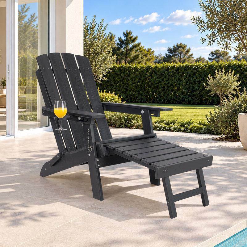 Livsip Outdoor Sun Lounge HDPE Adirondack Chair with Footrest Black