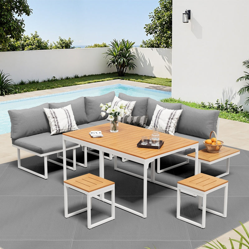 Livsip 7 Seater Outdoor Dining Set Sofa Lounge Patio Table Stool White