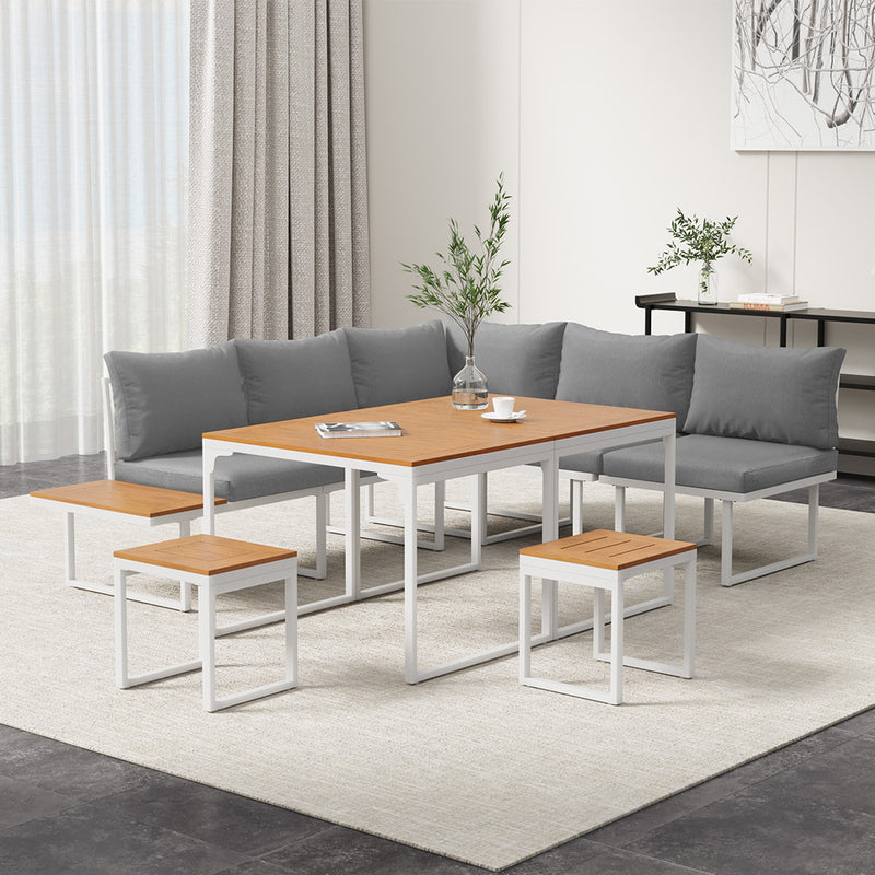 Livsip 7 Seater Outdoor Dining Set Sofa Lounge Patio Table Stool White