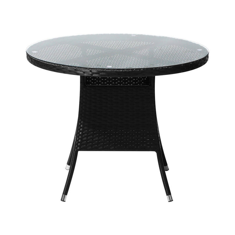 Livsip Outdoor Dining Table 90CM Glass Tabletop Black Rattan