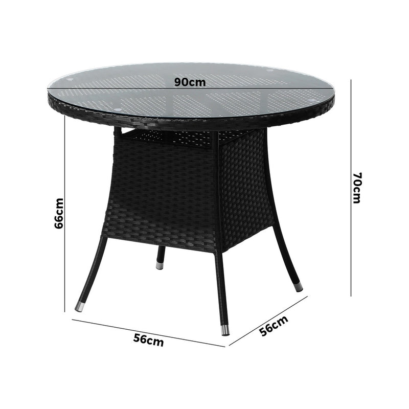 Livsip Outdoor Dining Table 90CM Glass Tabletop Black Rattan