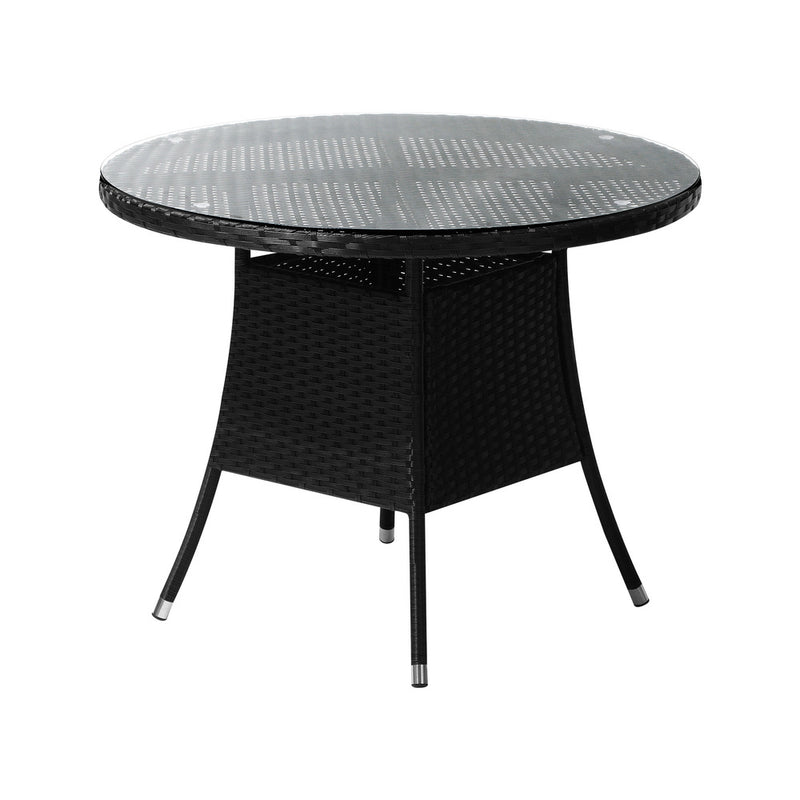 Livsip Outdoor Dining Table 90CM Glass Tabletop Black Rattan