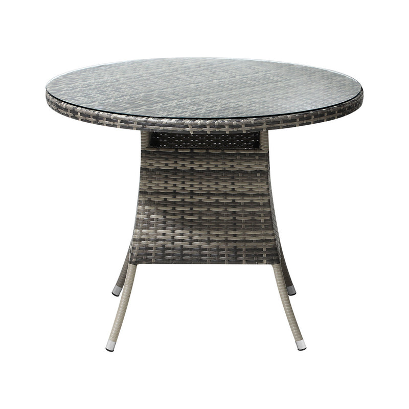 Livsip 90CM Outdoor Dining Table Glass Tabletop Grey Rattan