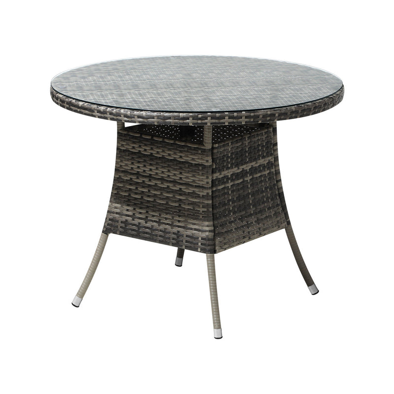 Livsip 90CM Outdoor Dining Table Glass Tabletop Grey Rattan
