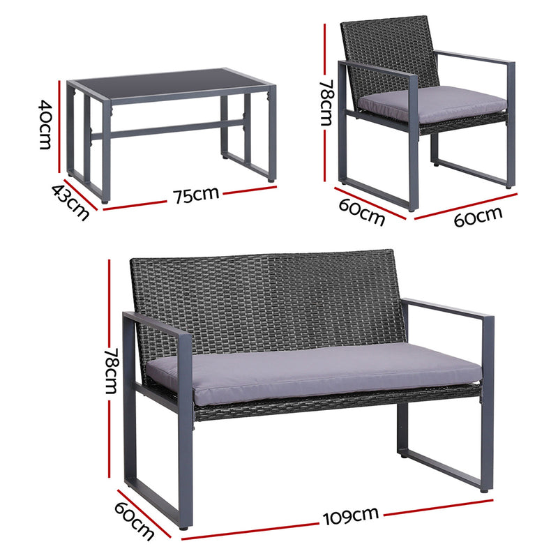 Gardeon 4 PCS Outdoor Sofa Set Rattan Furniture Glass Top Table Chairs Black