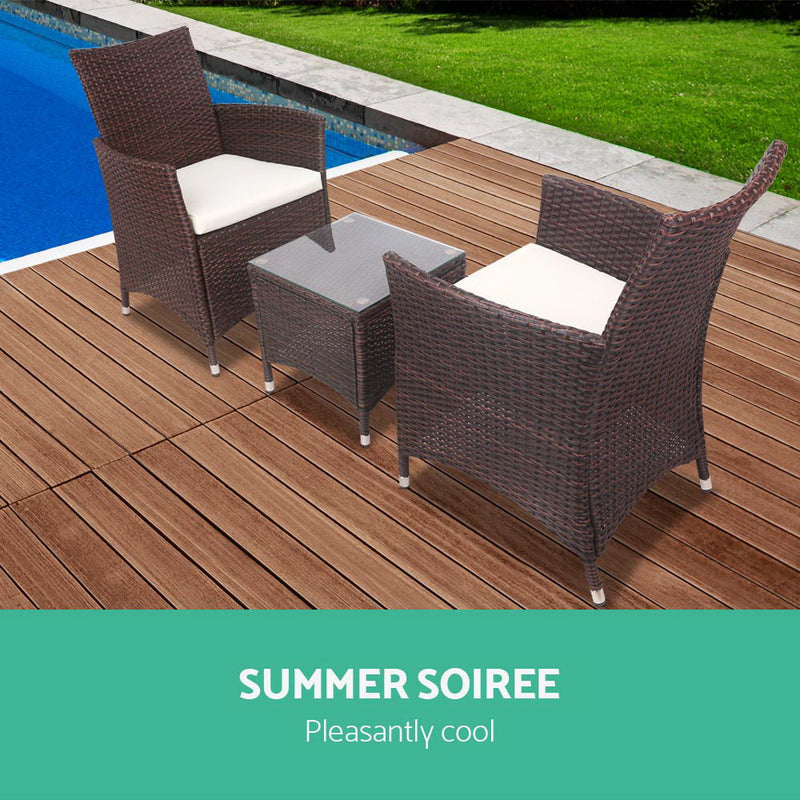 Gardeon 3PC Outdoor Bistro Set Patio Furniture Wicker Setting Chairs Table Cushion Brown