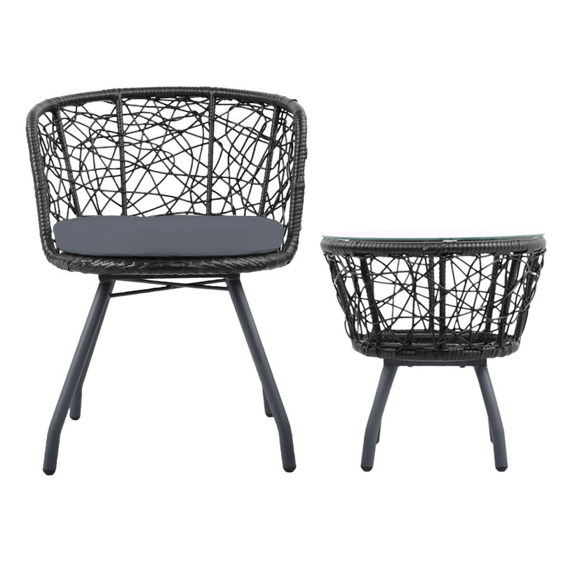 Gardeon 3PC Bistro Set Outdoor Furniture Rattan Table Chairs Patio Garden Cushion Black