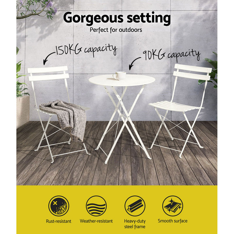 Gardeon 3PC Outdoor Bistro Set Steel Table and Chairs Patio Furniture White