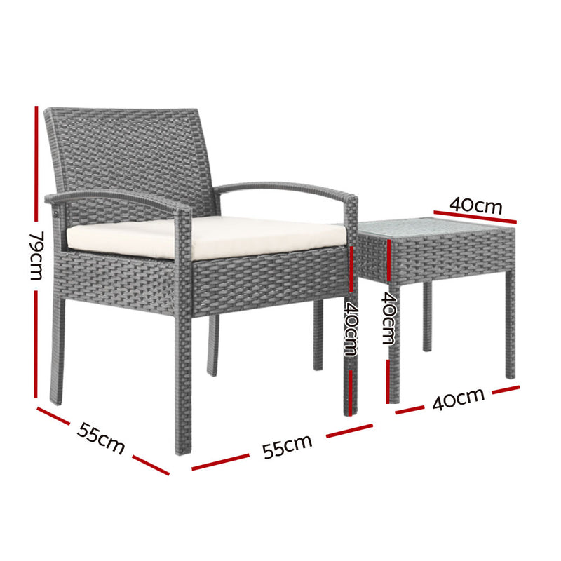 Gardeon 3PC Patio Furniture Bistro Set Wicker Outdoor Lounge Setting Grey