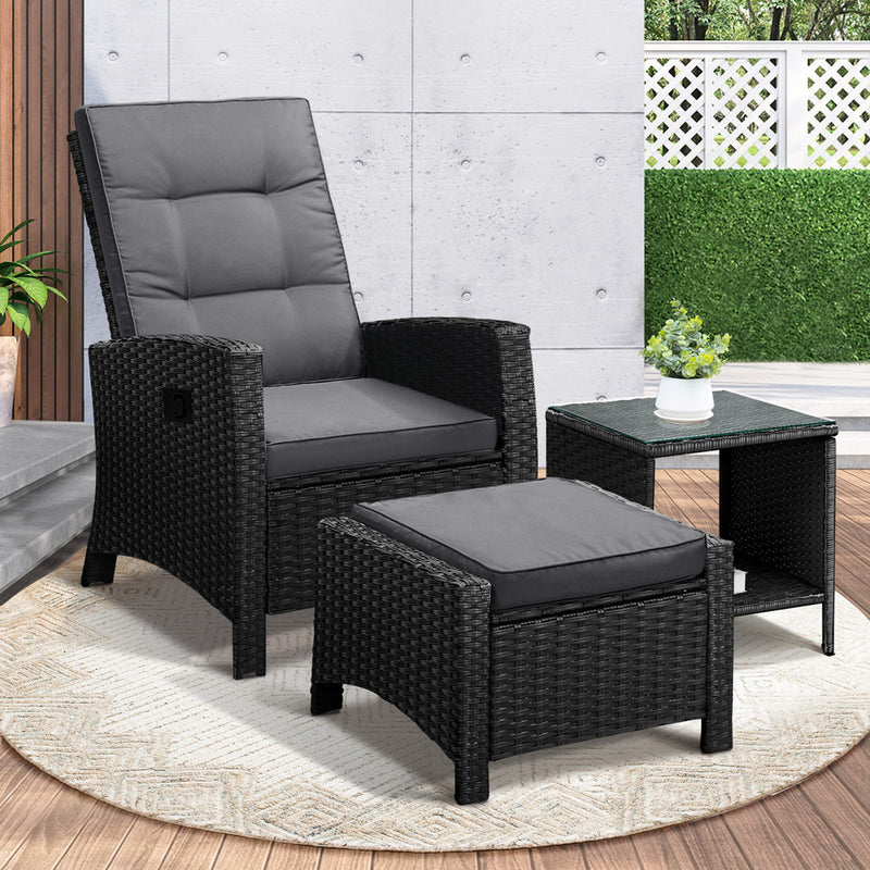 Livsip Recliner Chairs & Table Patio Set of 3 Black