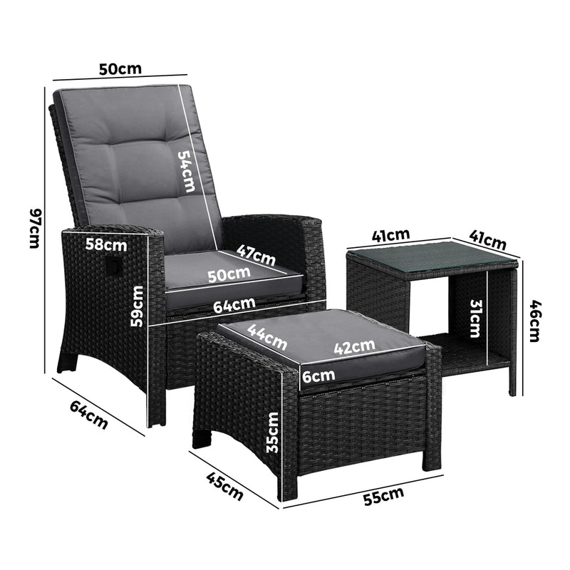 Livsip Recliner Chairs & Table Patio Set of 3 Black