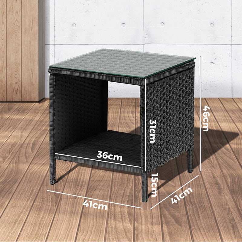 Livsip Rattan Side Table Glass Tabletop Black