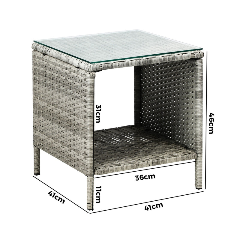 Livsip Rattan Side Table Glass Tabletop Grey