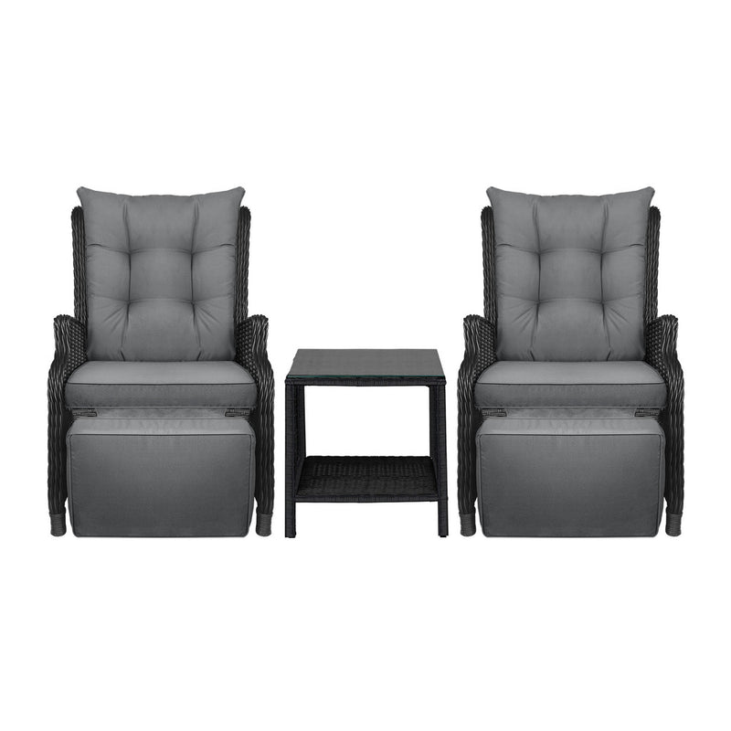 Livsip Sun Lounge Outdoor Recliner&Table Set of 3 Black