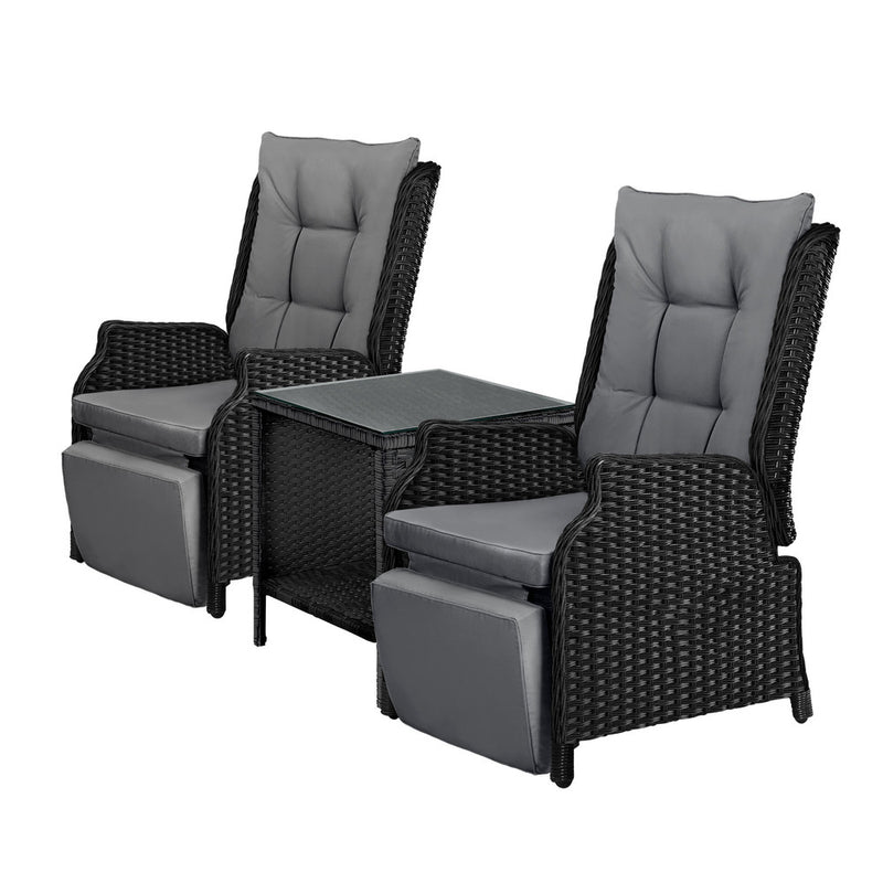 Livsip Sun Lounge Outdoor Recliner&Table Set of 3 Black