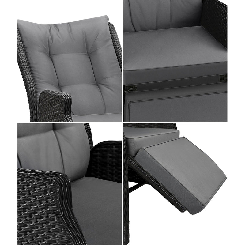 Livsip Sun Lounge Wicker Recliner 2 Pieces Black